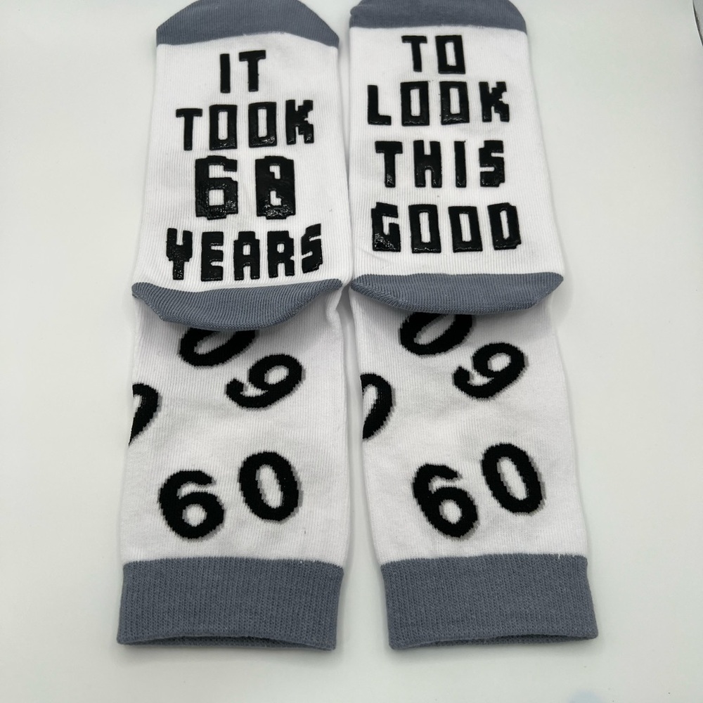 Novelty 'It Took 60 Years To Look This Good' Crew Socks - White & Gray - Picture 3 of 3